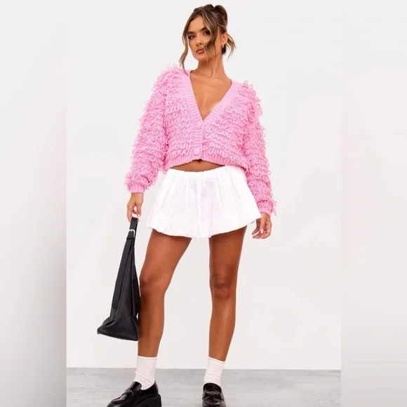 Pink Loop Knit V Neck Button Up Cardigan - Picture 3 of 4